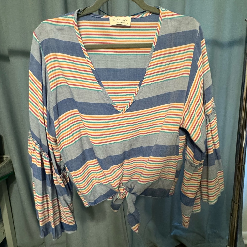Previously Worn Lavender Field Trumpet Sleeve Striped Blouse Size Large